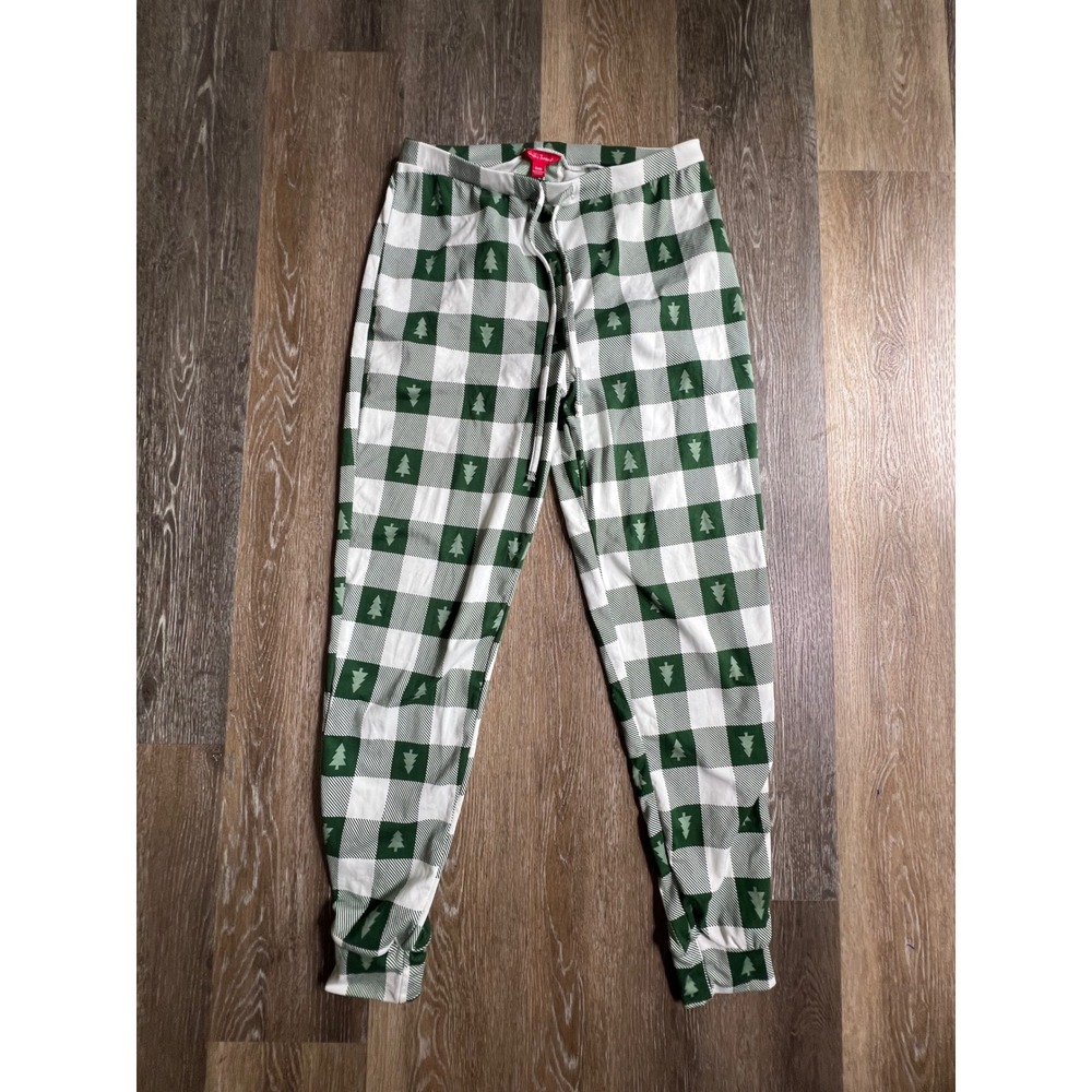 Santa's Treasures Pajama Joggers Womens Medium Green White Plaid Christmas Tree